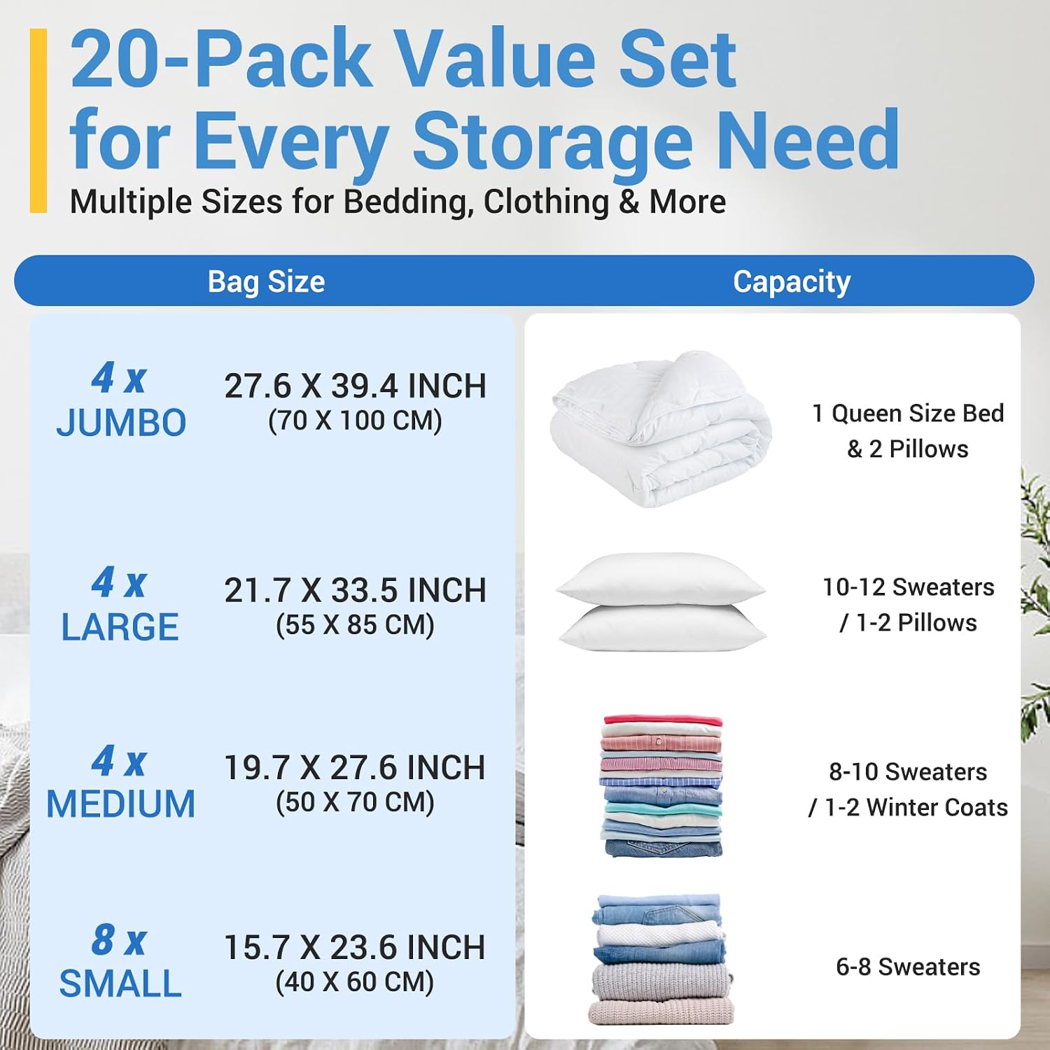 Fygrip Vacuum Storage Bags with Hand Pump, Plastic Packaging Bags, 80% Space Saver Vacuum Seal Bags for Clothing, Travel Lugggage, Blankets, Comforters, 20 Combo - Image 8