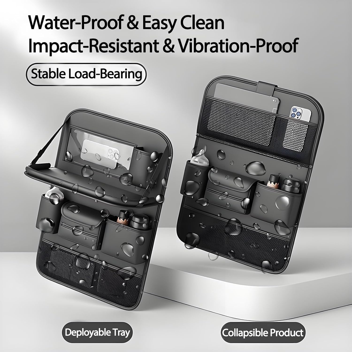 2 Pack Leather Car Backseat Organizer with Foldable Table Tray, Universal Car Seat Back Protector Kick Mat with Touchscreen Tablet Holder, Storage Pockets, Cup Holders & Tissue Holder, Black - Image 6